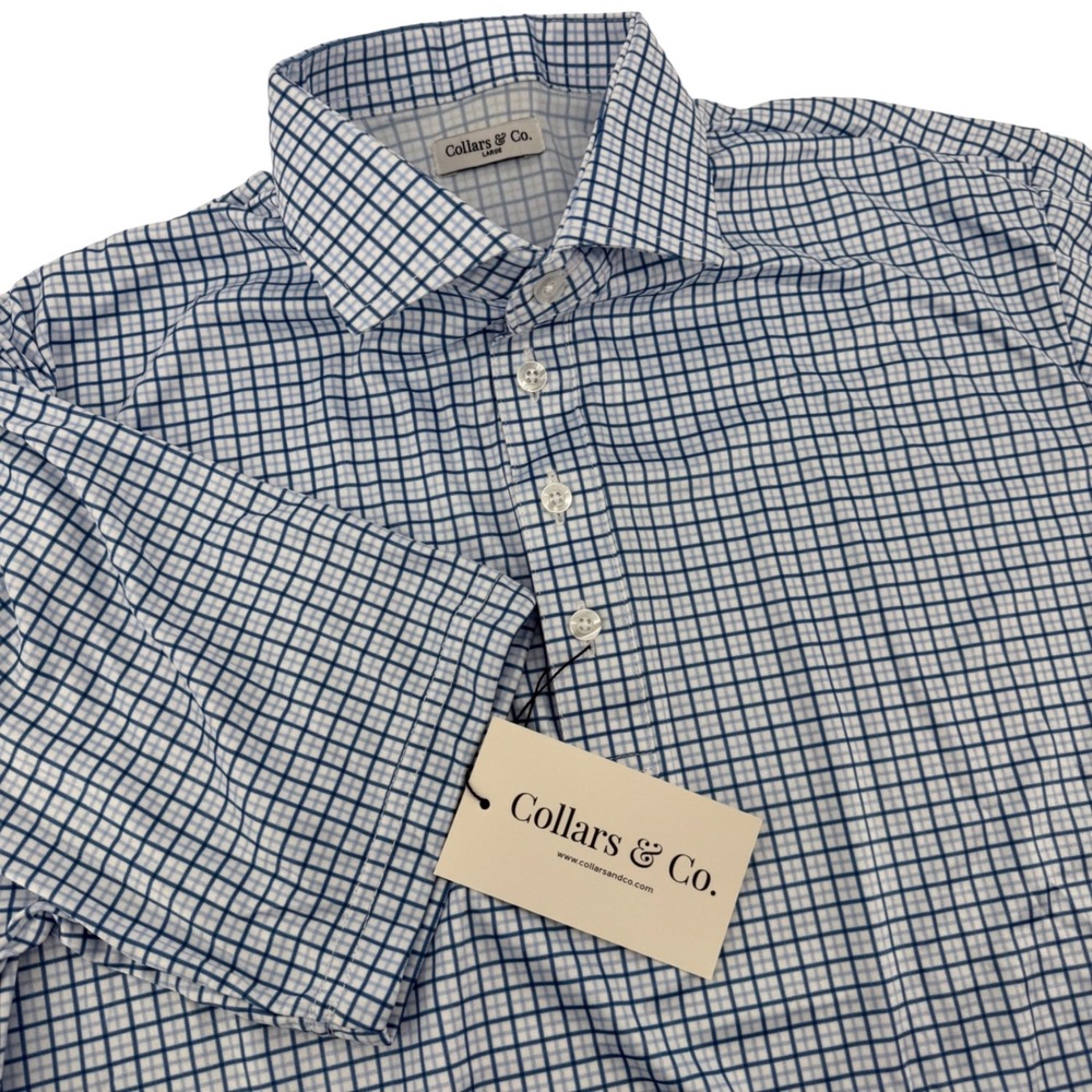 Collars &‎ Co. Men's Large Blue White Gingham Check Dress Shirt Polyester